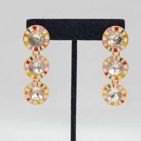 J Crew Multi Color Enamel Stripe Triple Round Crystal Earrings NWOT! - Picture 9 of 9